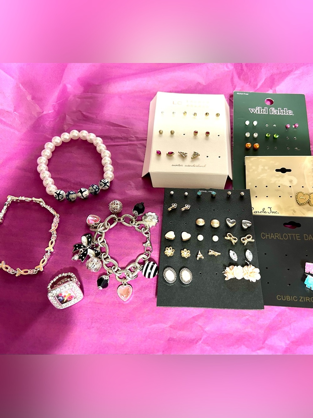 Lot of 29 sets of Stud earrings, 3 bracelets & 1 ring Costume Jewelry